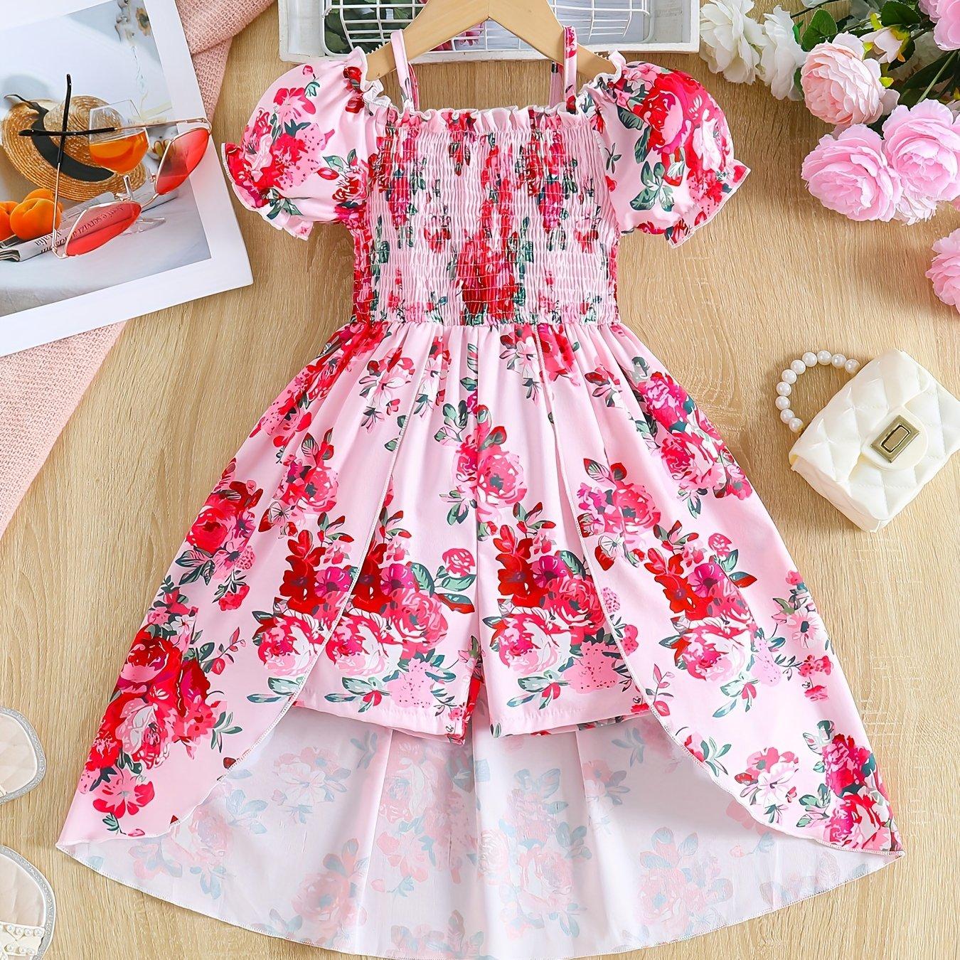 TEMU Girl's Printed Short-sleeve Romper With Shorts, Off-the-shoulder Straps, Princess Pleated Puff Sleeves, And Full Skirt Hem Decoration, Perfect For Outdoor