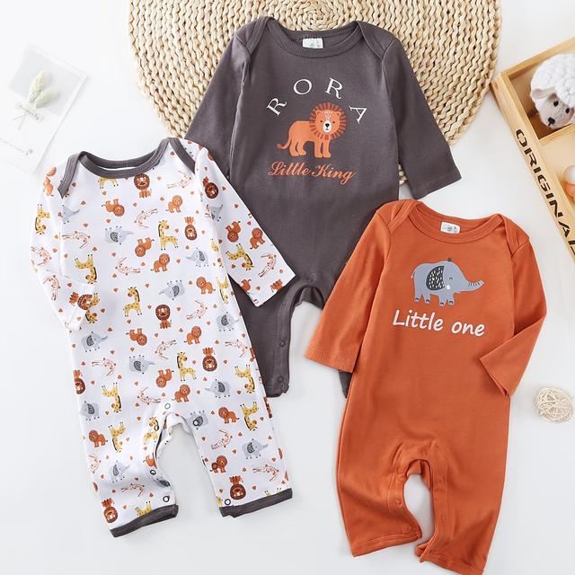 TEMU Three-piece Set New Autumn And Winter Long-sleeved Lion Elephant Cartoon Print Baby Boy Romper, For Outdoor