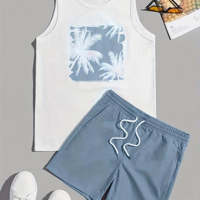 TEMU Men's Tropical Print Sleeveless Top + Drawstring Sports Shorts Two-piece Set Suitable For Outdoor Sports, Leisure And Vacation Beach Hawaiian Style