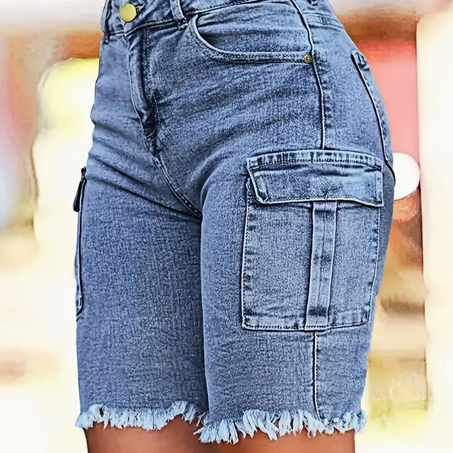 TEMU Ladies Baggy Denim Bermuda Shorts, Solid Color, Medium Stretch, With Pocket, For Spring/summer