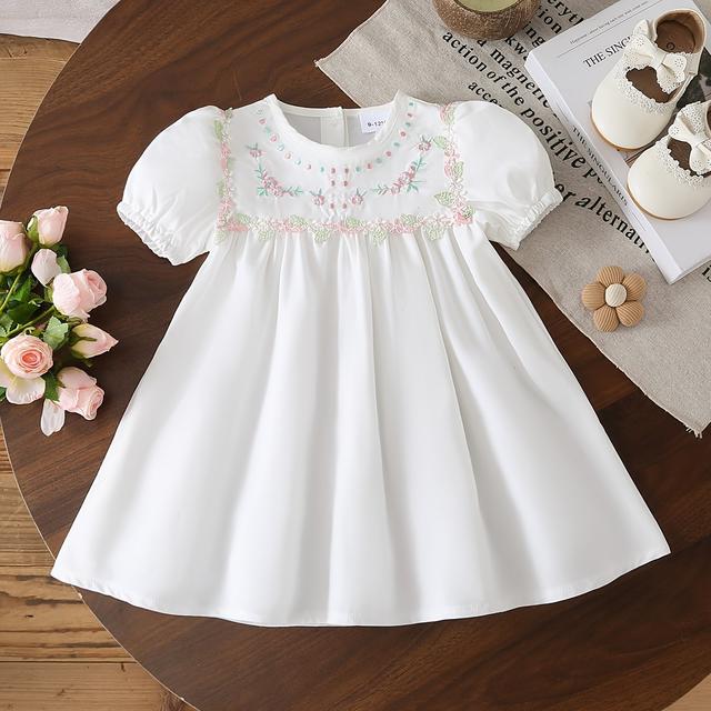 TEMU مجموعة صيفية جديدة للفتيات الصغيرات: فستان أميرة بأكمام قصيرة بلون موحد لطيف وأنيق مع تطريز زهري فرنسي