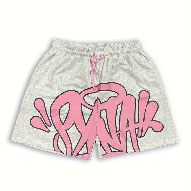 TEMU Women's High-street Hip-hop Basketball Shorts - Y2k Retro Style With Large "syna" Print, Drawstring Waist, Loose Fit, Light Gray, Spring/summer/fall Casual Activewear, Basketball Shorts