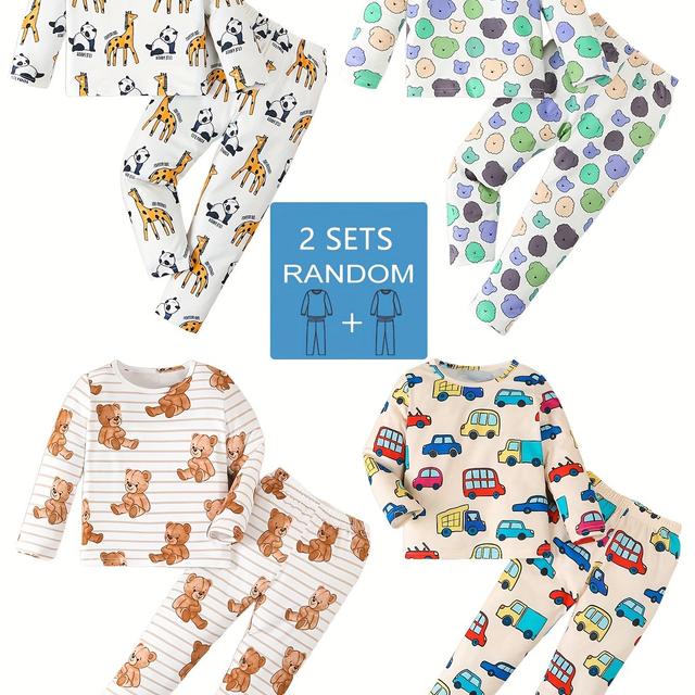 TEMU 4pcs Tutumunki Boys' Pajamas Suitable For 1-8 Years - Giraffe, Panda, Bear, Car & Animal Prints Sleepwear - Flame-resistant Sleepwear Tested Pajamas, Matching Pajamas For & Nights (regular Fit)