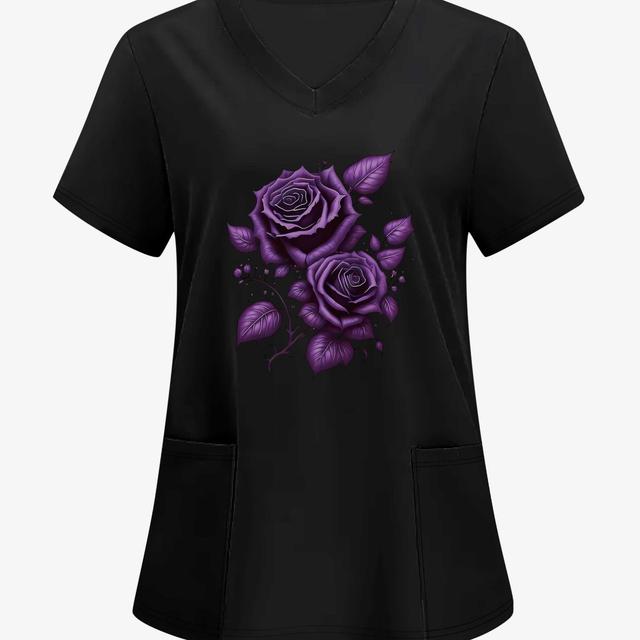 TEMU Camiseta de mujer con cuello en V y estampado floral de rosas moradas, y cómoda, mezcla ligera, lavable a máquina, adecuada para uso diario y vacaciones, top elástico con bolsillos