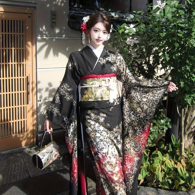 TEMU 和風女性用花柄着物セット5点組(シンプルウエストバンド・扇子・アクセサリー付き)花火祭やに最適、ワンサイズ