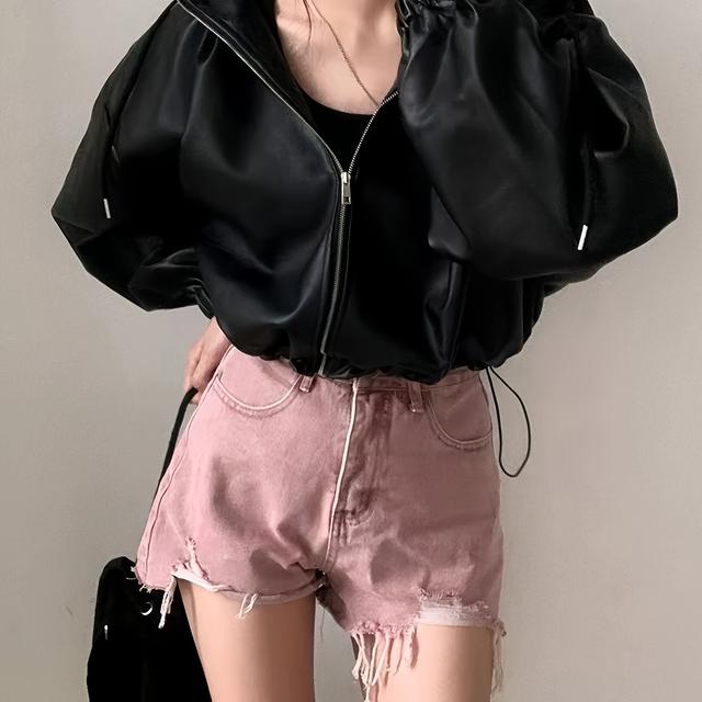 TEMU 여성용 빈티지 스타일 후드 재킷 - 긴 소매, 지퍼, 비스턴 재질, 단색, 캐주얼 스타일, 봄/가을 재킷|후드 재킷|지퍼 재킷