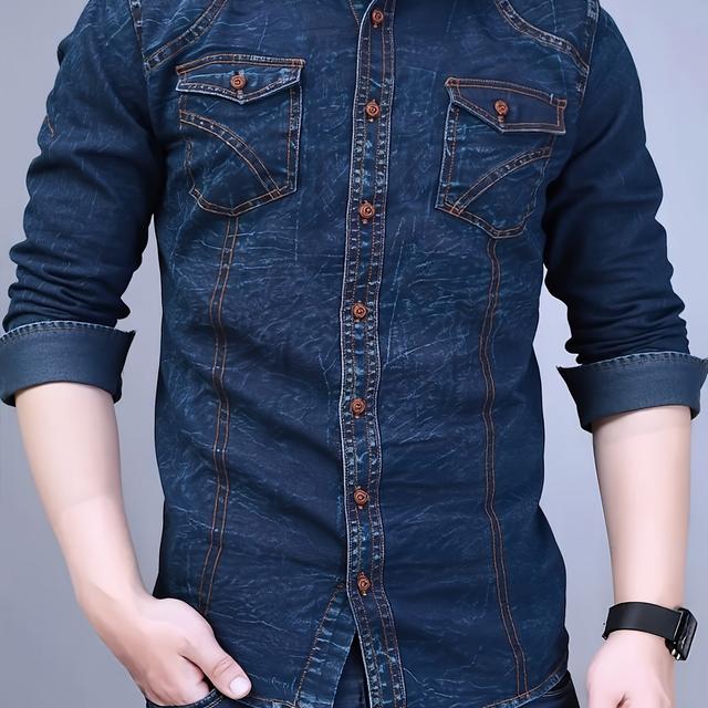 TEMU قميص جينز رجالي | ياقة مدببة، جيوب مزدوجة، غسيل يدوي، قصة ضيقة، أكمام طويلة، نمط كاجوال لجميع