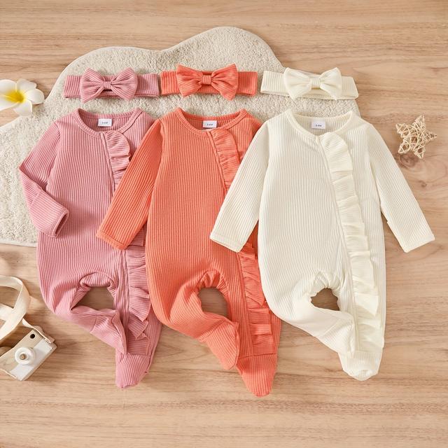 TEMU Cute Baby Girl Comfortable Waffle Lace Zip-up Footed Onesie With Bow Headband Three-piece Set, For Outdoor
