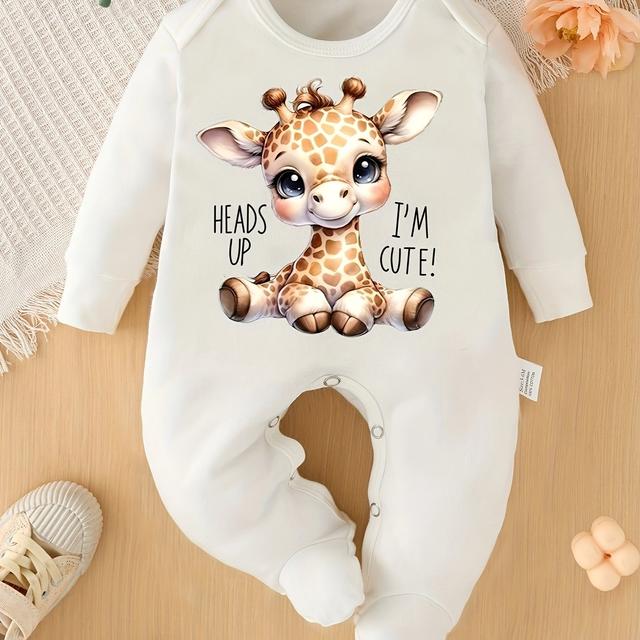 TEMU Heads Up I'm Cute Cartoon Deer Print Newborn Footed Bodysuit, Baby Footed Romper, Pregnancy Gift, Perfect For Outdoor