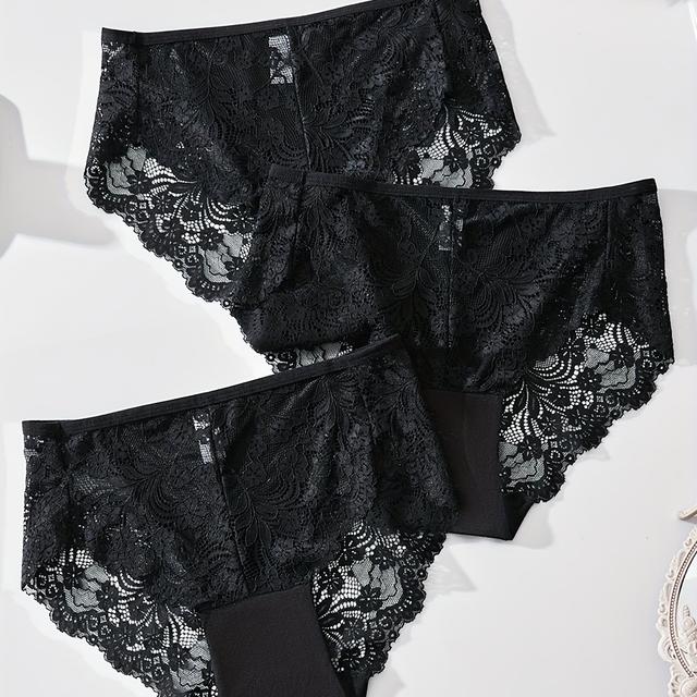 TEMU 3pcs Women's High Waist Lace Panties Elegant French Romantic Multi-pack Black Trousers