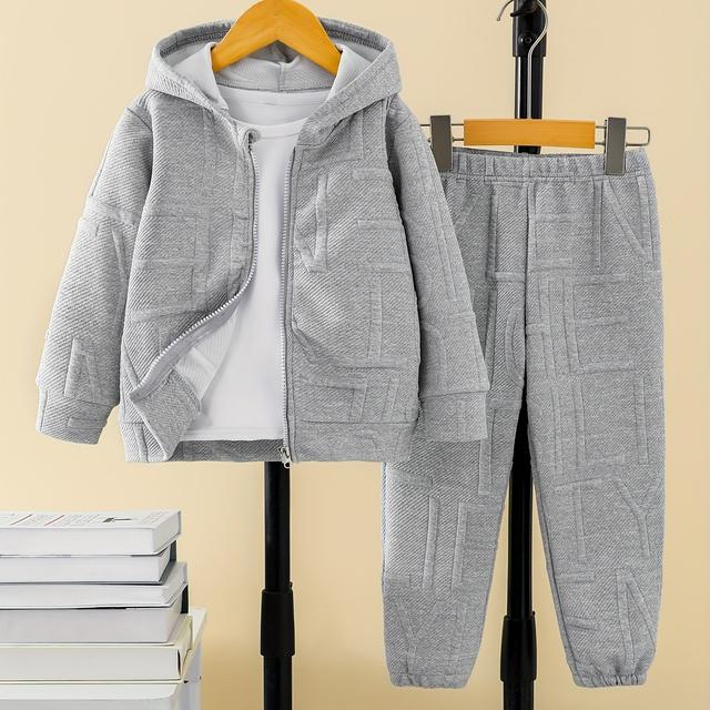 TEMU Boys' Gray Hooded Zip-up Cardigan And Pants Set - Casual Spring/fall Two-piece Outfit With Letter Print, Loose Fit, Long Sleeves, And Pockets, Outdoor Play, Boy Clothes, Outdoor