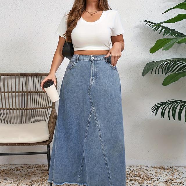 TEMU Large Size Casual Denim Skirt, Decorated Pockets, And Cute, For Dating, Easter