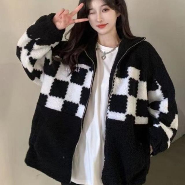 TEMU 【レディース】ふわふわ 冬用コート ジャケット - 厚手 暖かい ルーズフィット オーバーサイズ コート & チェック柄、ソフトなプラッシュ裏地、カジュアルでトなアウター、秋/冬向け、普段使いやルな服装にのポケット付きの心地よい暖かいジャケット、な冬用ジャケット