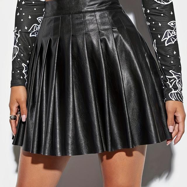 TEMU Women's Synthetic Leather Mini Skirt With Pleated Party Short Skirt - Short Nightclub Skirt For Summer, Solid Color Skorts (non-washable) For Parties, Clubs & Casual Attire