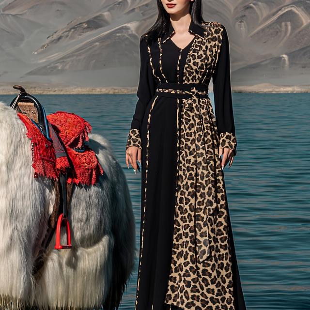 TEMU 1 Stück Elegantes Asymmetrisches Leopardenmuster Und Schwarzer Farbblock Damenkleid, % Polyester, Alle Jahreszeiten Einfarbig, Gewebte Stoffe, Modischer Einfacher Design