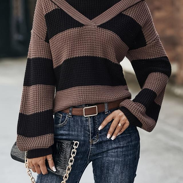 TEMU Europäisch-amerikanischer Herbst/Winter Vintage Mode Vielseitiger Off-Shoulder Fake Zweiteiler Design Kontraststreifen Langarm Pullover für Damen