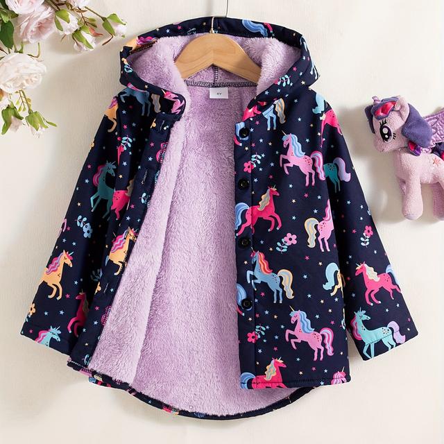 TEMU Girls' Cozy Fleece Hooded Jacket With Unicorn & Rainbow Print - Long Sleeve, Front Button Closure, Beige Lining, Fall/winter Casual Wear, Winter Coat For Girls, Design, Soft Texture