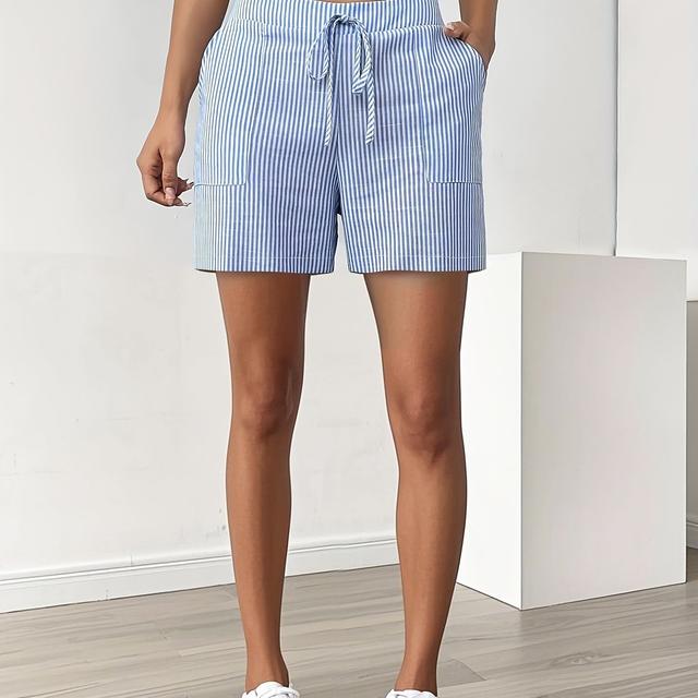 TEMU Women's Casual Summer Striped Shorts With Drawstring Waist - Light Gray And White, Beach And Poolside, Beach Casual Wear|striped Shorts|drawstring Waistband