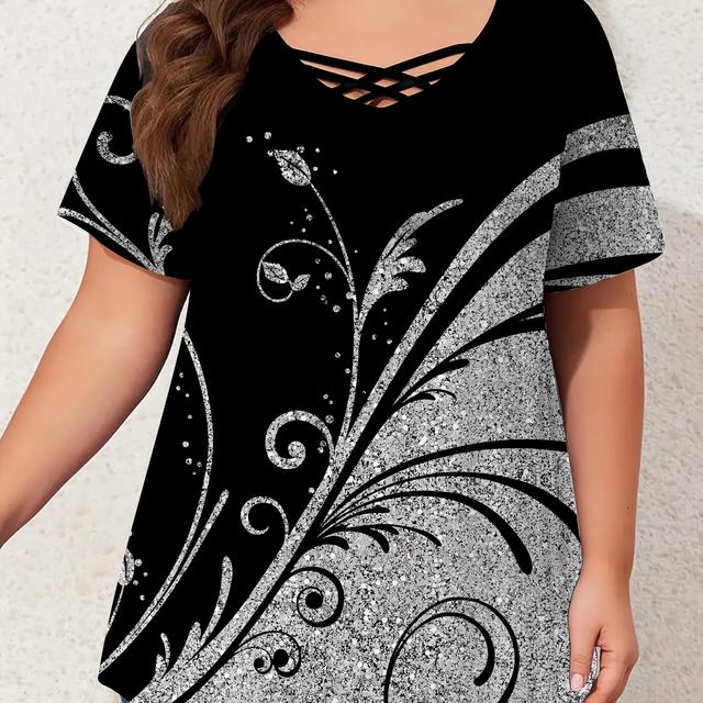 TEMU Women's Plus Size Casual Tribal Print T-shirt With Criss- Neckline, Short Sleeve, Polyester 95% Spandex 5%, Medium Stretch Knit Fabric, All Season Top