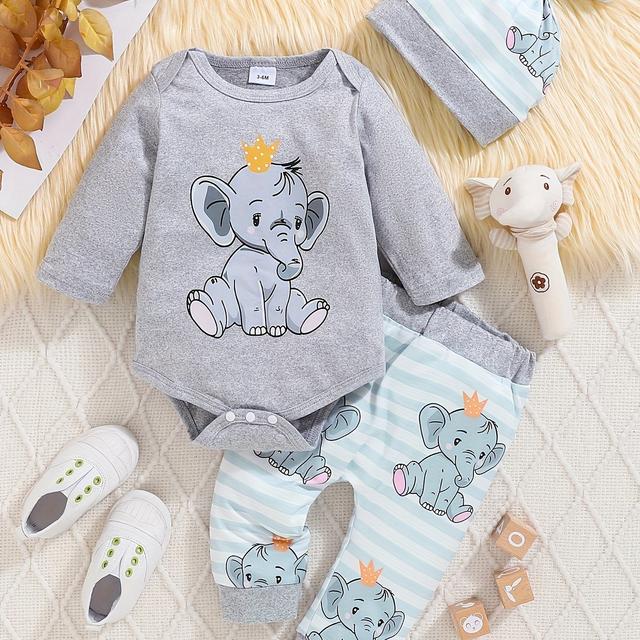 TEMU Conjunto de para bebé y niño, otoño e invierno, con estampado de elefante de dibujos animados, mono, pantalones a rayas y sombrero, ideal para exteriores