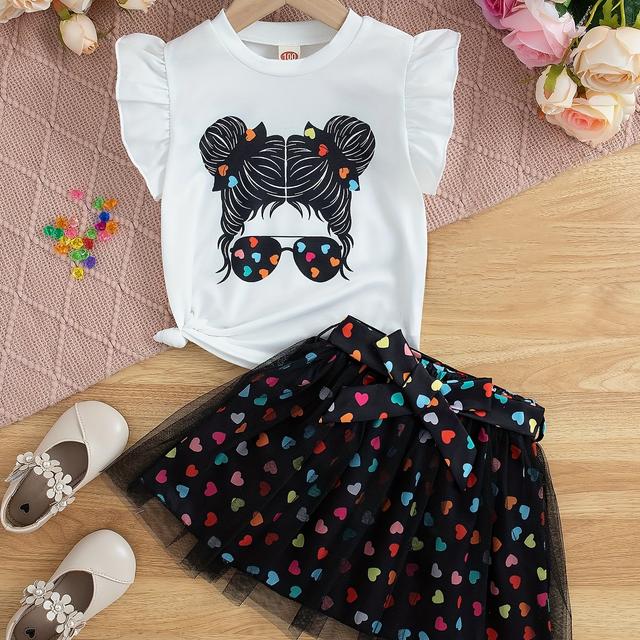TEMU Summer Season Daily Casual Outing Round Neck Short Sleeve Printed Cartoon Pattern Top T-shirt And Printed Floral Pattern Skirt Girls Two-piece Skirt Set