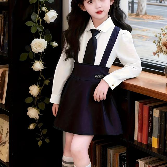 TEMU Girls' School Set: Back Strap Skirt And Long Sleeve Shirt For