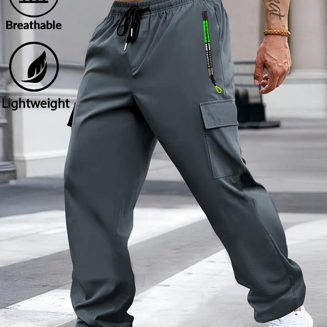 TEMU Men's Thin Cargo Work Pants With Drawstring Elastic Waist, Zippered Pockets, And Large Flap Pockets, Comfortable And Breathable Long Trousers, Suitable For Outdoor And Daily Casual Wear