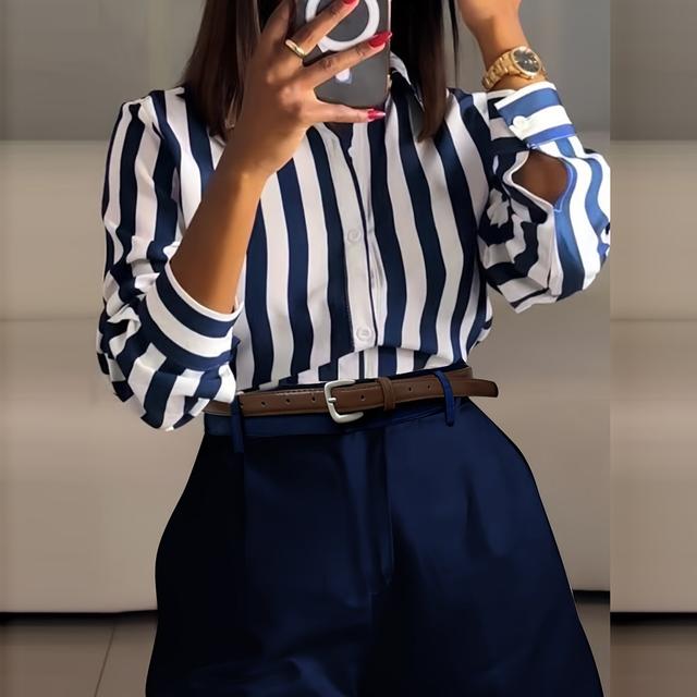TEMU Elegant Striped Shirt & Belted Shorts Set For Women - Polyester, Machine Washable, Non-sheer