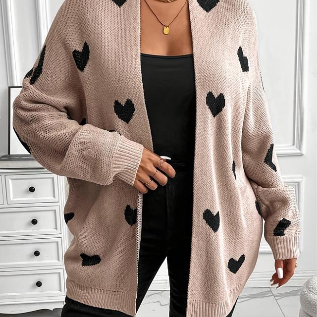 TEMU Plus Size, Plus-size Heart-pattern Loose Cardigan, Casual And Comfortable, Suitable For Thanksgiving, Winter Heart-pattern Sweater, Cute Cardigan For Women