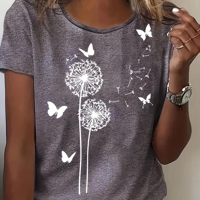 TEMU Plus Size Casual Short Sleeve T-shirt - Gray Dandelion & Print, Relaxed Fit Round Neck, Machine Washable , Leisure Clothing, Whimsical Print, Durable Fabric