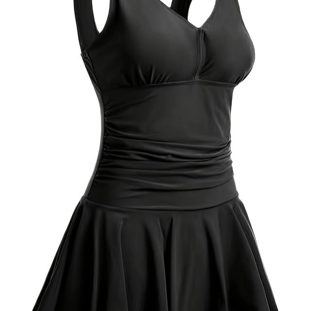 TEMU Women's V-neck One-piece Swimsuit With Ruffles, Vintage Style, Built-in Boxer Shorts