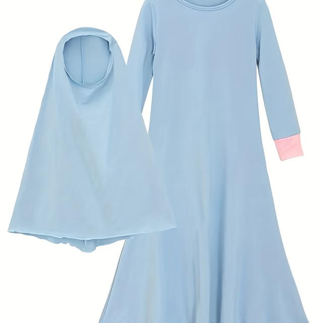 TEMU عباية تقليدية عربية للبنات بأكمام متباينة من القماش المحبوك + غطاء للرأس