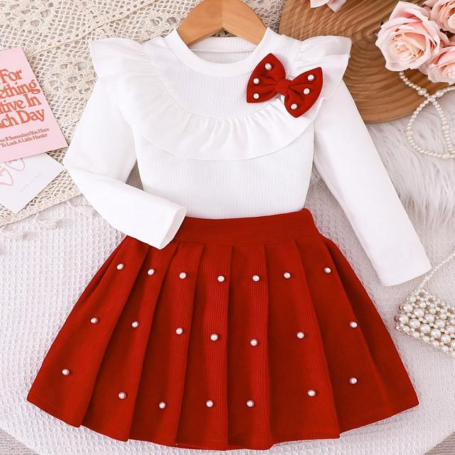 TEMU A Set Of 2 Pieces For Little Girls Featuring A Stylish White Knitted Jacket And A Red Pleated Skirt, Perfect For Parties, , Casual Vacations, Or During Spring And Autumn