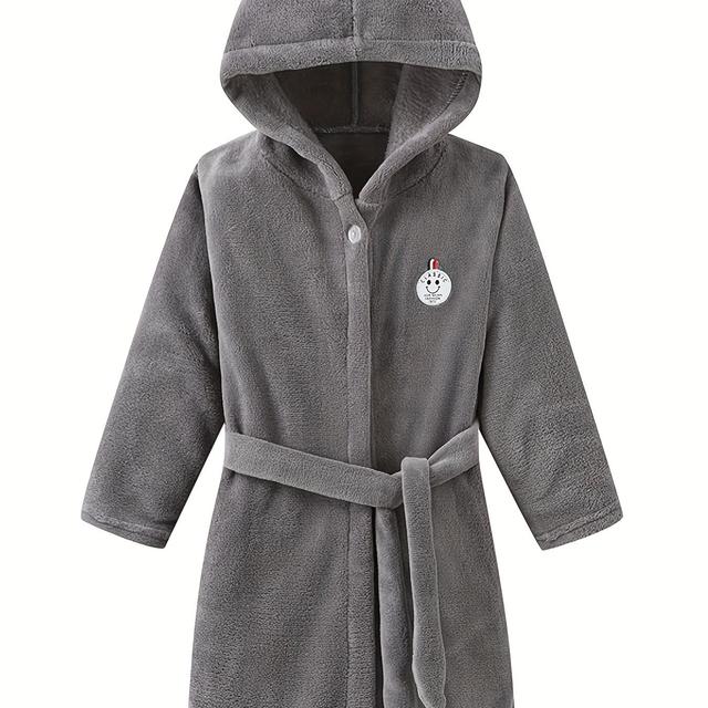 TEMU Robe de Bain à Capuche pour Jeunes, 100% en Flanelle Polyester, Manches Longues, Robe Unie avec Plaque, Style Décontracté, Coupe Régulière, pour Garçons et Filles, Automne/Hiver
