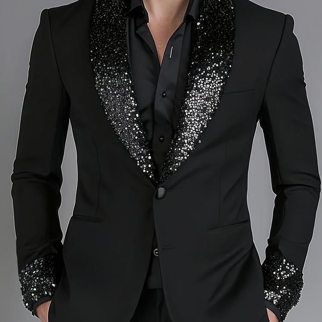 TEMU Men's Elegant Lapel Collar Sequin Embellished Double-breasted Suit Jacket - Formal & Semi-formal Coat With Lapel Collar, Non-stretch Fabric