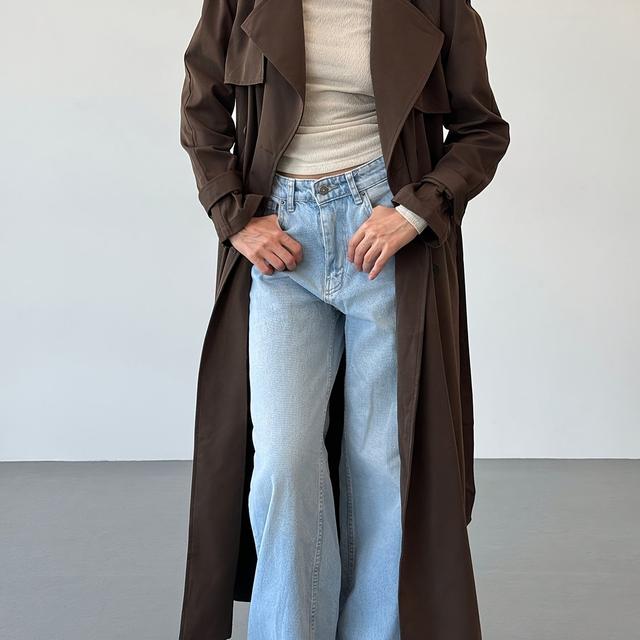 TEMU 's Elegant Oversized Long Belted Coat - Double-breasted Collar Trench Coat With Belted Waist, (lighter/ Brown Options Available) - Machine Washable Winter Jacket For, Casual & Formal Events