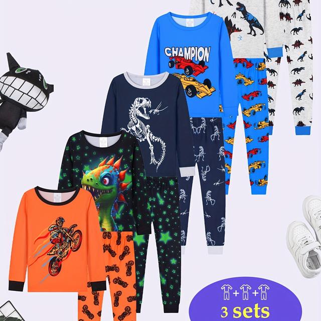 TEMU Random 3 Sets Of Tops And Pants With 1615 Flame Retardant Of Dinosaurs, Motorcycles, And Racing, Bottoming Warm Air-conditioning Clothes, Skin-friendly And Comfortable