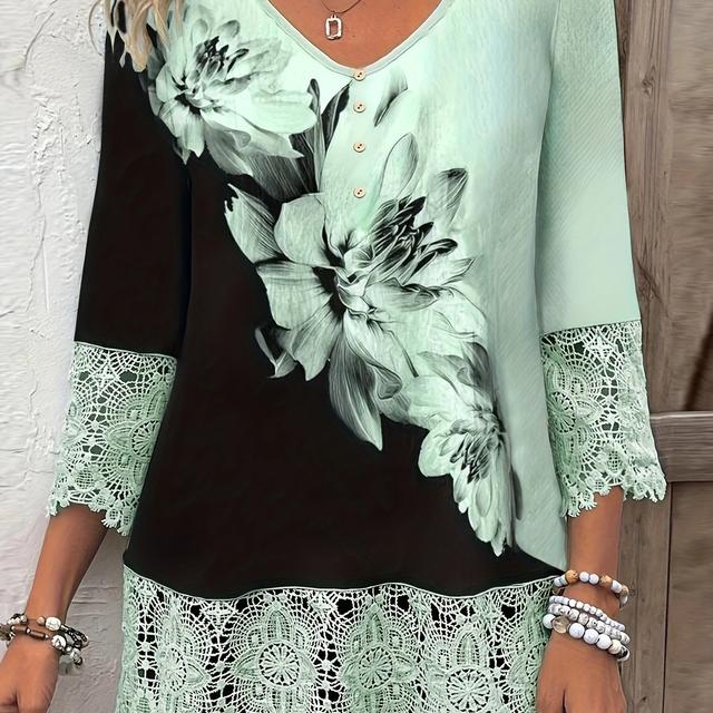 TEMU Plus Size, Plus Size Elegant Lace Blouse, Women's Floral Print V-neck Button-up Three-quarter Sleeve Top