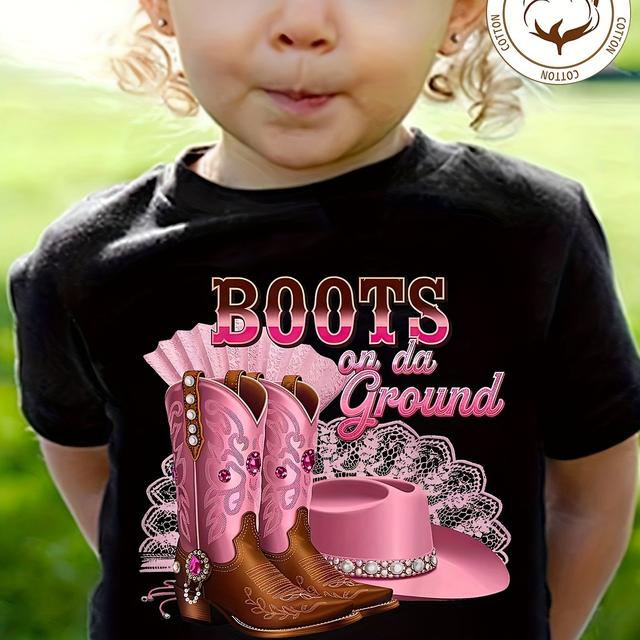 TEMU 's 100% Cotton "boots On " Alphabet Cartoon Cowboy Hat And Boots Print T-shirt Comfortable And Casual Round Neckshort Sleeved Shirt For Suitable For Boys And Girls