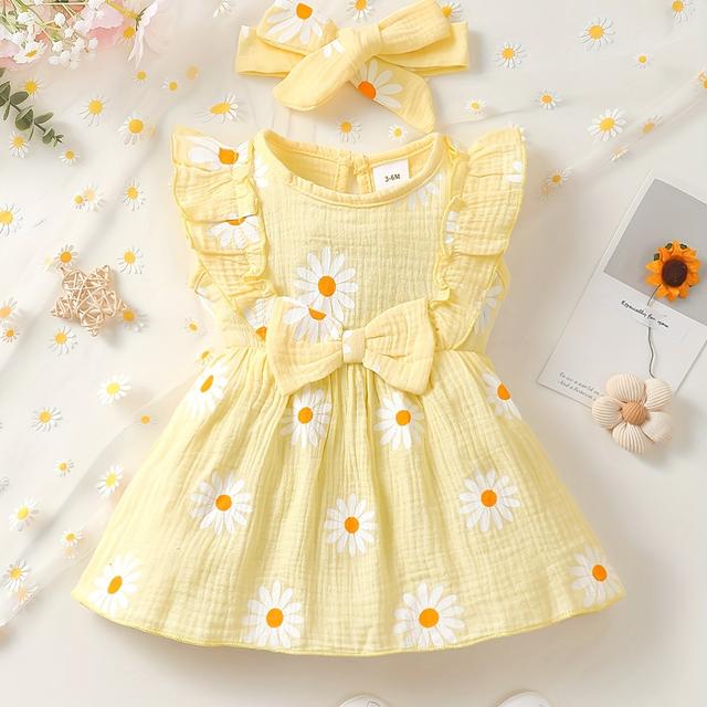 TEMU BrownBark 2 قطعة فستان صيفي بدون أكمام للبنات بتصميم زهرة الأقحوان + وشاح رأس، أسلوب كاجوال