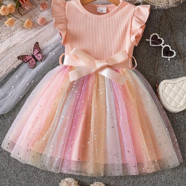 TEMU Ein süßer, sternenheller, glitzernder Tüll-Prinzessinnenkleid für Mädchen, perfekt für Sommerfestpartys, mit flatternden Ärmeln und einem lässigen A-Linien-Design.
