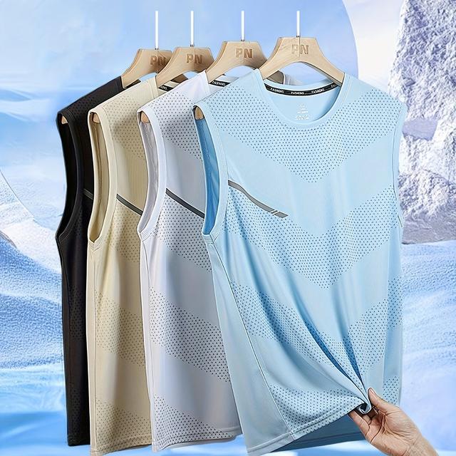 TEMU 4개 세트 여름 캐주얼 스포츠 탱크탑, 아웃도어 하이킹 통기성 빠른 건조 편안한 스트레치 폴리에스터 남성 트레이닝 피트니스 조끼 - 연청색, 검정, 흰색, 살구색, 4가지 색상