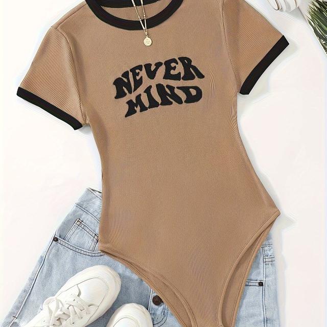TEMU Letter Print Round Neck Jumpsuit, Casual Short Sleeve Fitted Bodysuit, Suitable For Spring And Summer, Women's Clothing.