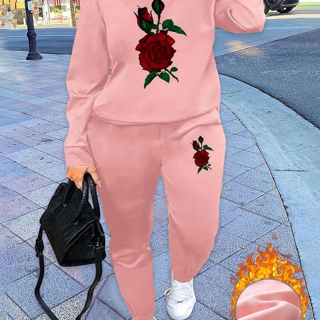 TEMU طقم مكون من قطعتين بطباعة جرافيك، سويت شيرت برقبة دائرية وبنطلون، ملابس نسائية