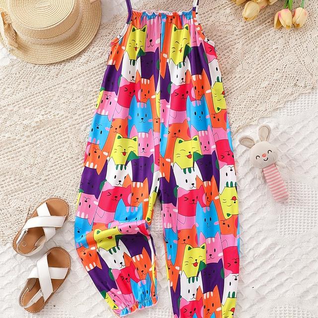 TEMU Cartoon Kitty Graphic Cami Jumpsuit, Girl's Cute Romper For Summer Outdoor Gift Party