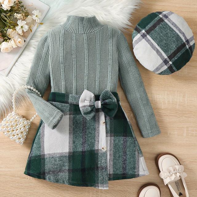 TEMU Girl In A Turtleneck Sweater T-shirt With A Print Skirt And Hat, -piece Set For Autumn And Winter