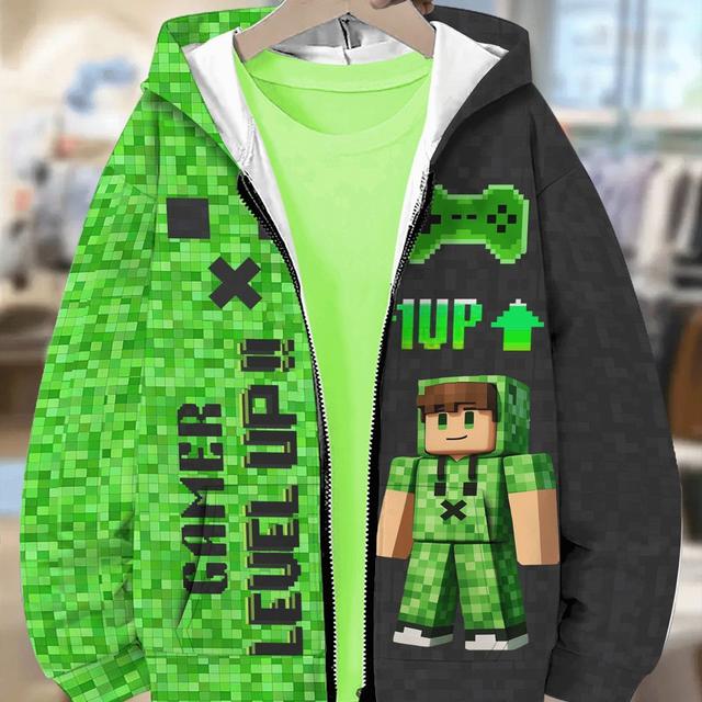 TEMU Pixel Game Style Grüner Cartoon Game Controller Muster Jungen Zip-Up Hoodie Frühling Herbst Winter Taschenjacke Neuheit Kleidung Lässiges Vielseitiges Langarm Oberteil Urlaubsgeschenk