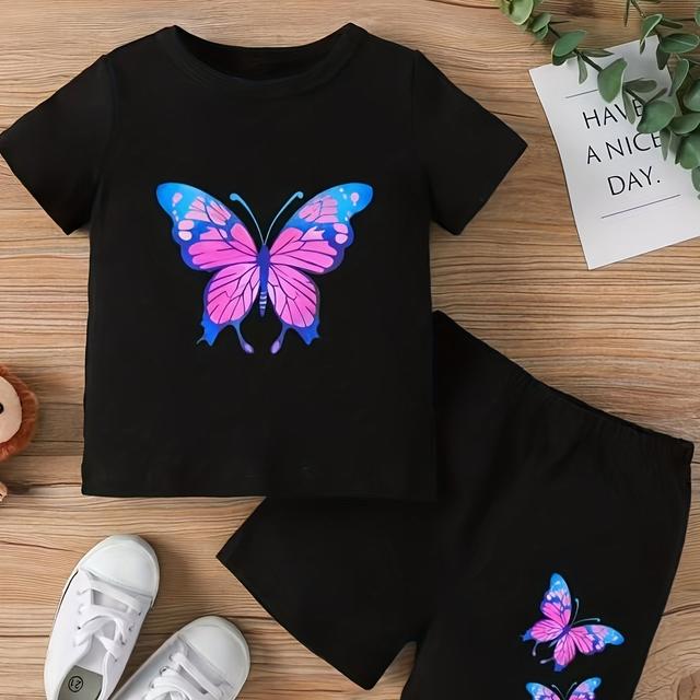 TEMU 2pcs, Girl's Print Short-sleeve Tee + Shorts - And Cute Design - Clothes, Gift