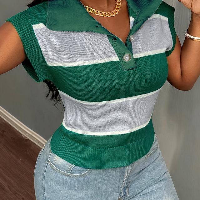 TEMU Elegant Women's Collared Short-sleeve Striped Pullover Sweater