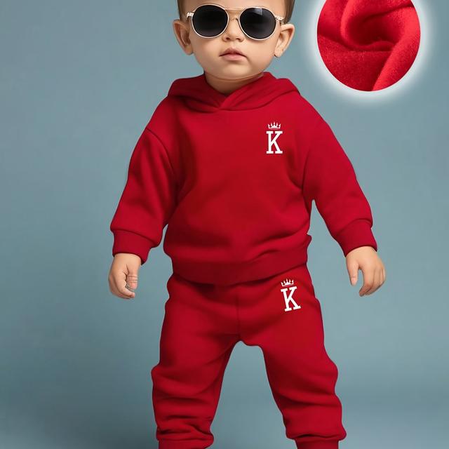 TEMU Infant Boys' Casual Crown Print Hoodie + Casual Sports Long Pants Set, Spring/autumn Gift, Perfect For Outdoor